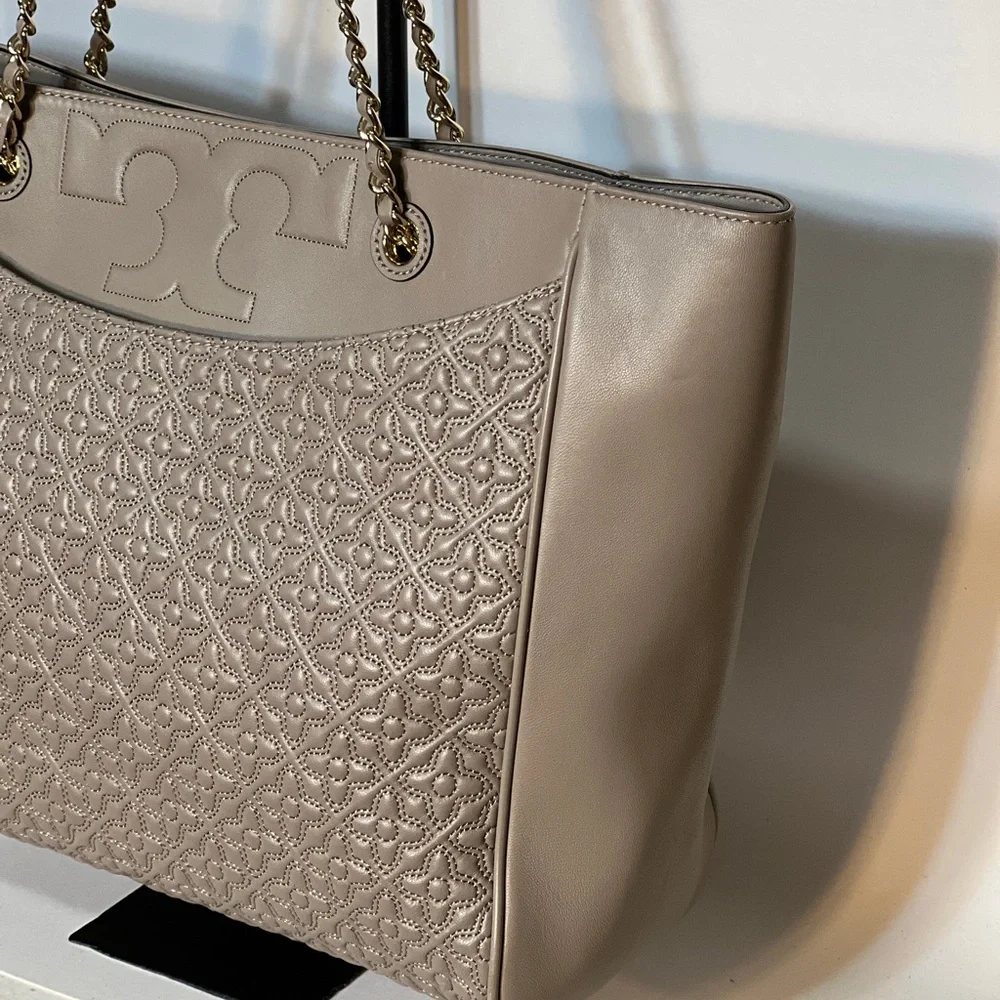 Tory Burch Gray Quilted Leather Tote